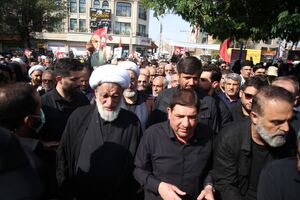 عکس/ حضور آیت‌الله کعبی، لاریجانی و مخبر در تشییع پیکر سپهبد رشید