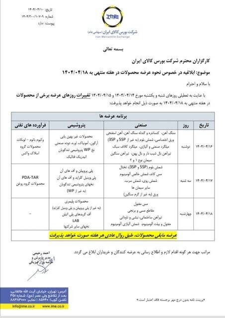 نحوه عرضه محصولات در بورس کالا طی هفته آینده