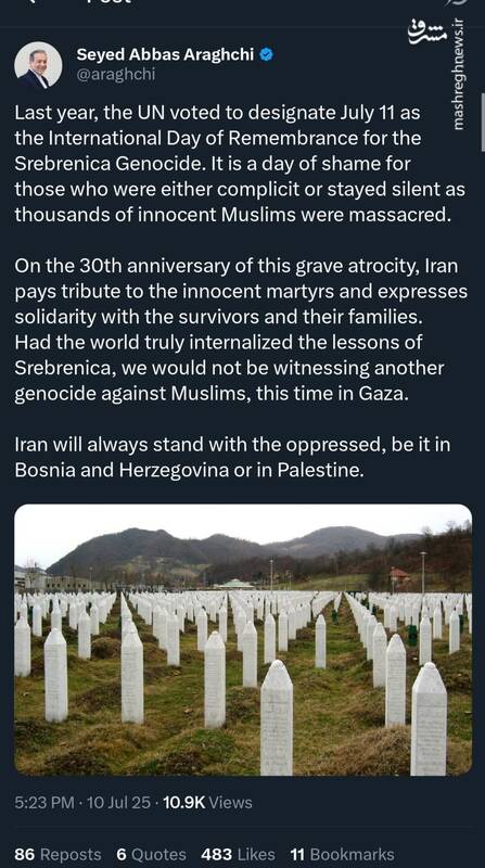 عراقچی: جهان از سربرنیتسا درس نگرفت