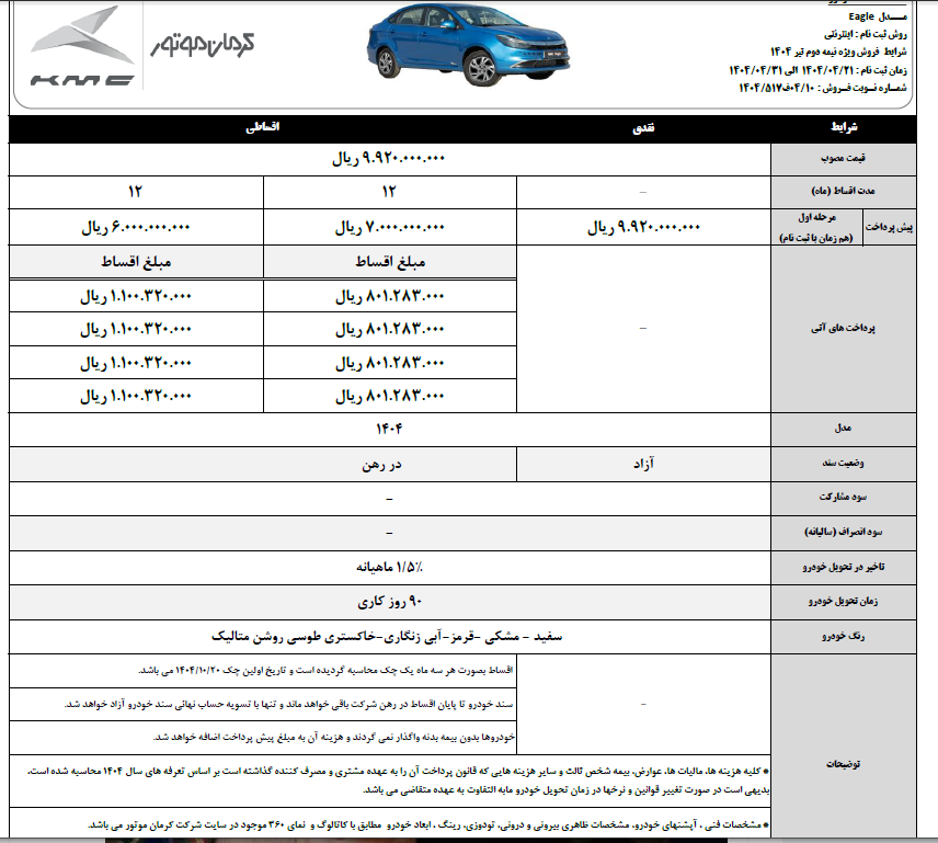 شرایط فروش اقساطی KMC EJ7+ اعلام شد 3