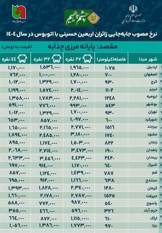 نرخ کرایه اتوبوس تا پایانههای مرزی خوزستان اعلام شد