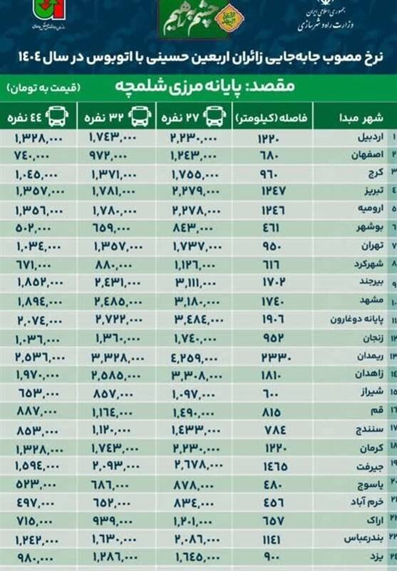 نرخ کرایه اتوبوس تا پایانههای مرزی خوزستان اعلام شد