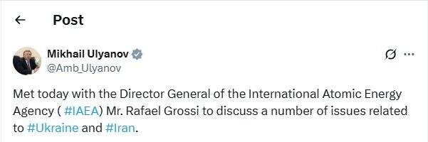 اولیانوف: با گروسی برای گفتگو درباره مسائل مربوط به ایران دیدار کردم