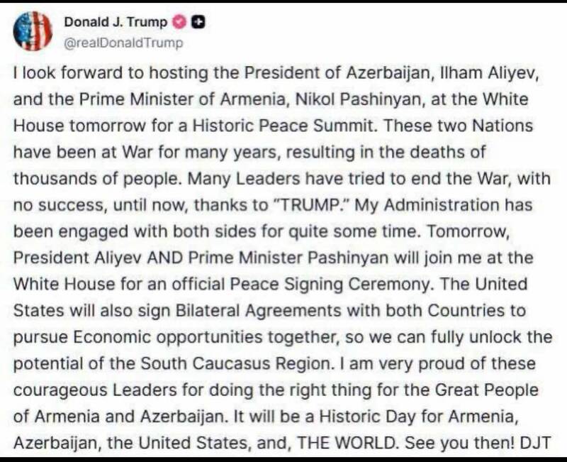 ترامپ: فردا مشتاقانه منتظر رییسجمهور آذربایجان و ارمنستان هستم