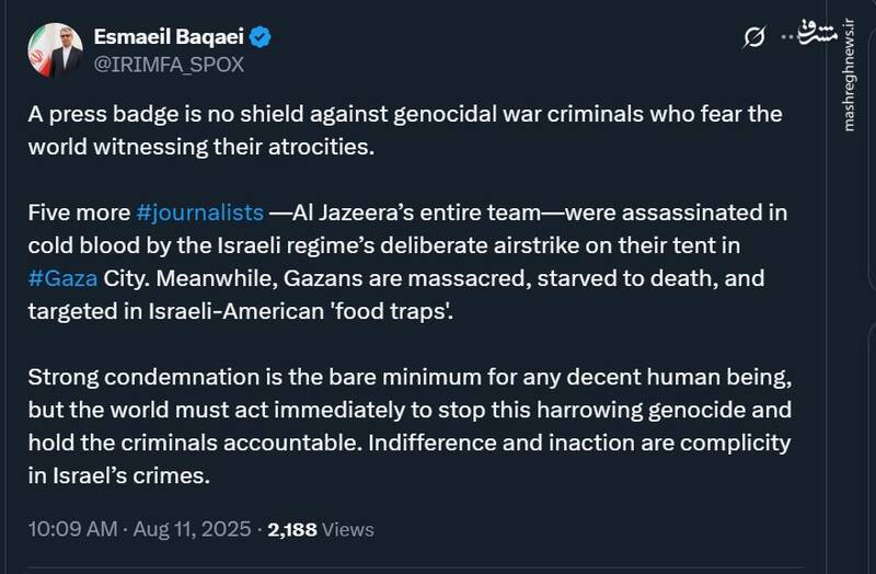 وزارت خارجه کشتار خبرنگاران شبکه الجزیره را محکوم کرد