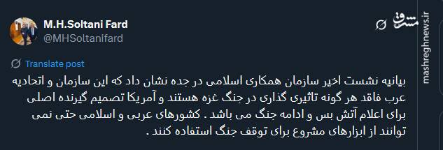 کشورهای عربی و اسلامی نمی توانند از ابزار مشروع برای توقف جنگ استفاده کنند