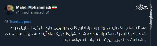 مهدی محمدی: پاسخ به اسنپ‌بک باید در چارچوب رویارویی با اسرائیل باشد