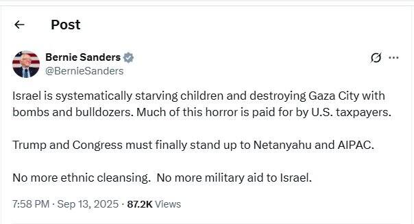 سندرز: ترامپ و کنگره باید مقابل نتانیاهو بایستند؛ پاکسازی قومی بس است