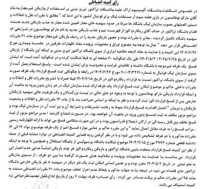 رای کمیته انضباطی درباره حضور غیرقانونی دروازهبان سوئدی تراکتور 2