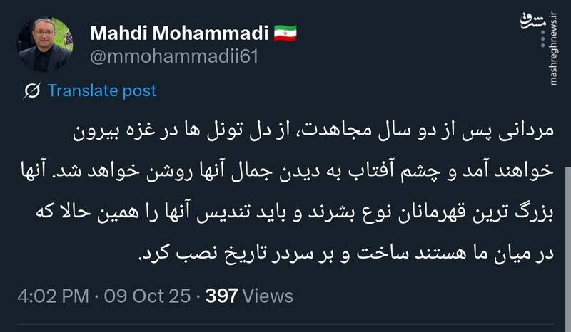 مهدی محمدی: تندیس اعضای حماس را باید بر سردر تاریخ نصب کرد