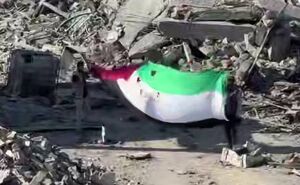 فیلم/ خودنمایی پرچم فلسطین در میان خانه‌های ویران‌شده در غزه