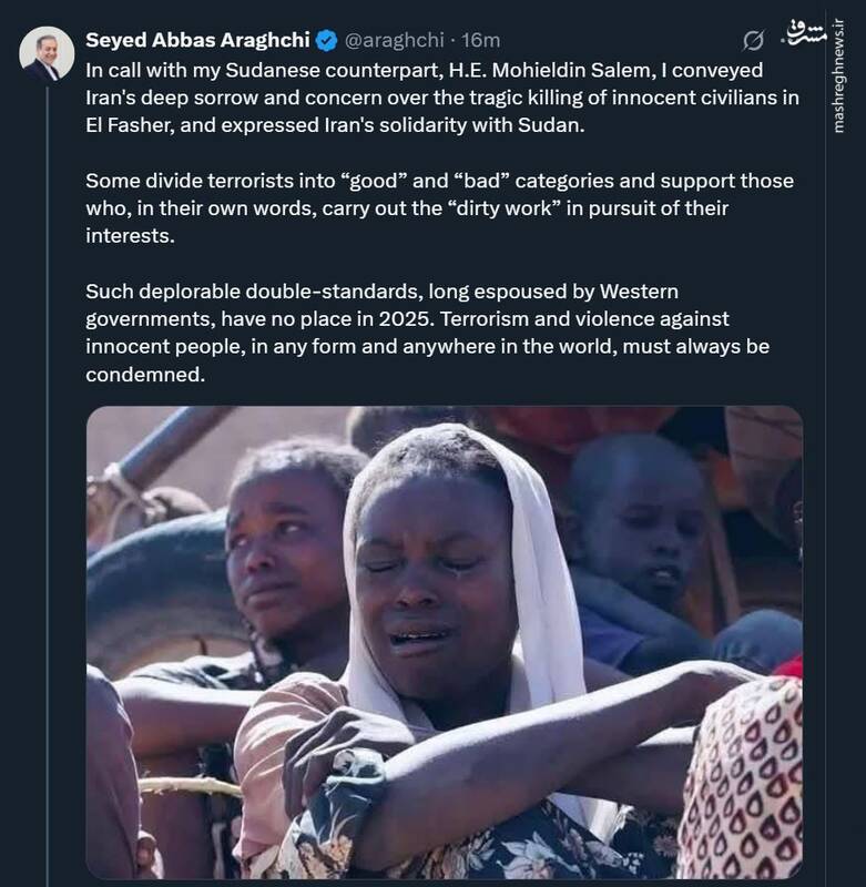 واکنش وزیر امور خارجه به کشتار بیگناهان در سودان