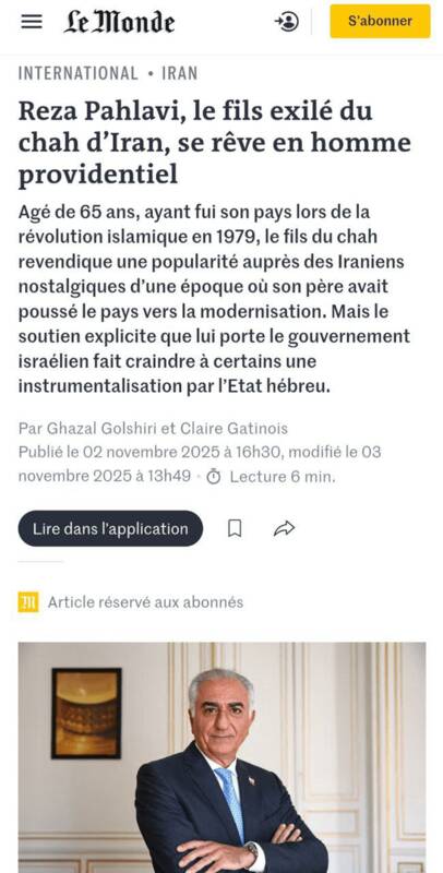 لوموند: رضا پهلوی مهره اسرائیل است