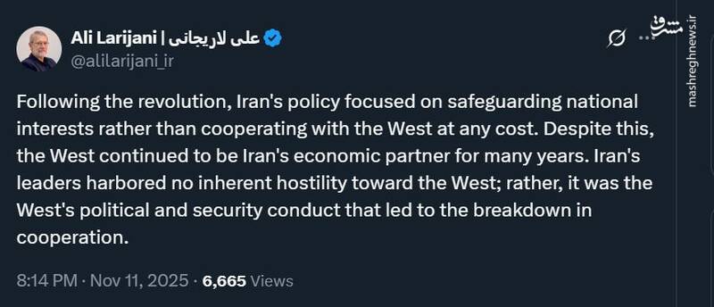 لاریجانی: ایران دشمنی ذاتی با غرب ندارد