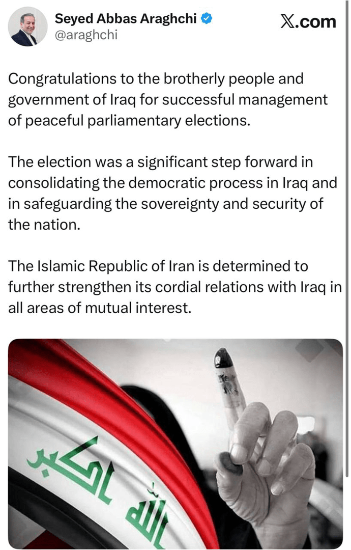 پیام عراقچی پس از انتخابات عراق: مصمم به تقویت روابط هستیم