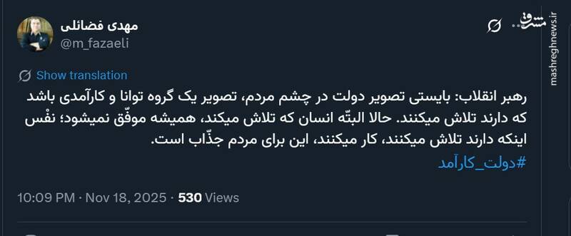 توئیت مهدی فضائلی در مورد دولت کارآمد