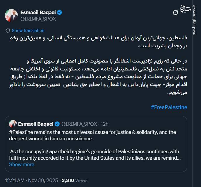 بقایی: فلسطین، جهانی‌ترین آرمان برای عدالت‌خواهی و همبستگی انسانی است