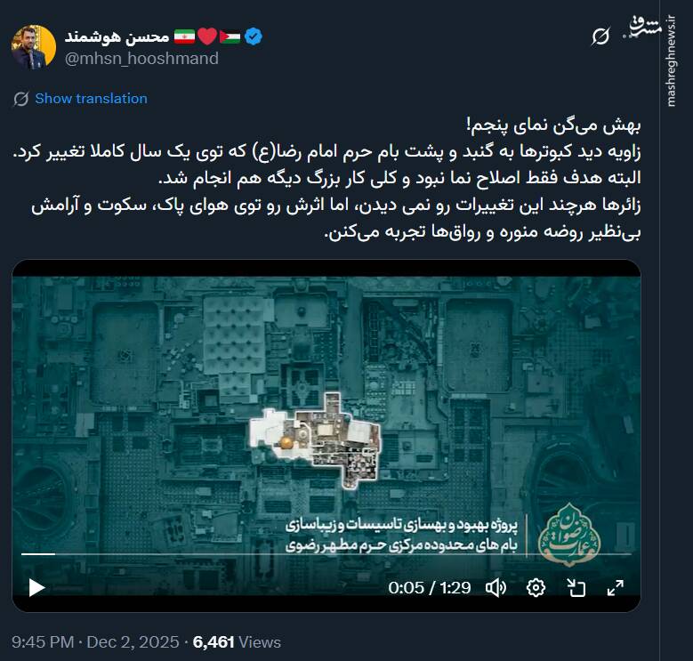 زاویه دید کبوترها به گنبد حرم امام رضا(ع) تغییر کرد