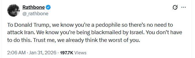 توصیه کاربر آمریکایی به ترامپ: حمله به ایران پدوفیل بودن تو را نمی پوشاند!