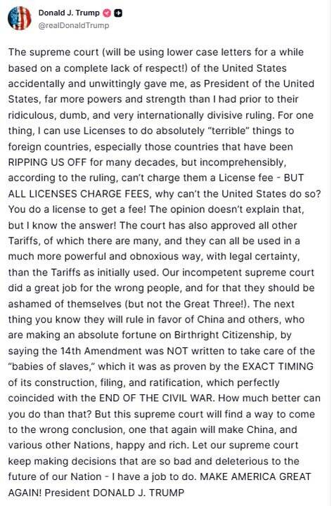 واکنش تند ترامپ به حکم دیوان عالی آمریکا علیه سیاست‌های تعرفه‌ای وی