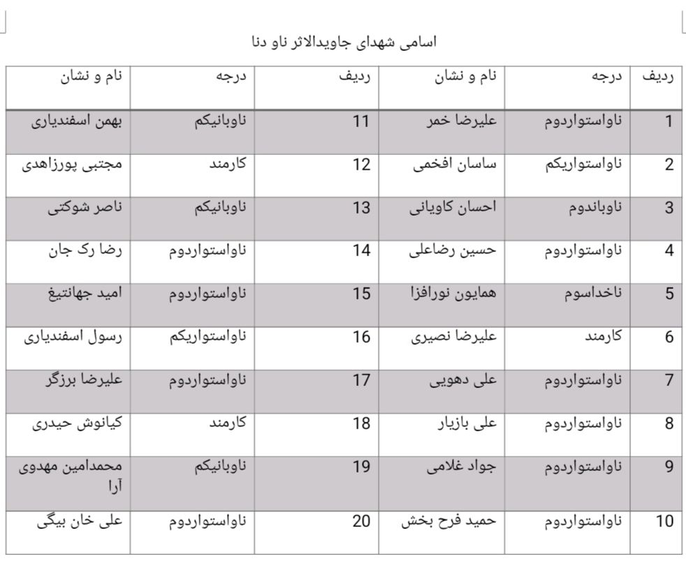 اعلام اسامی شهدا و شهدای جاویدالاثر و مجروحین ناو دنا