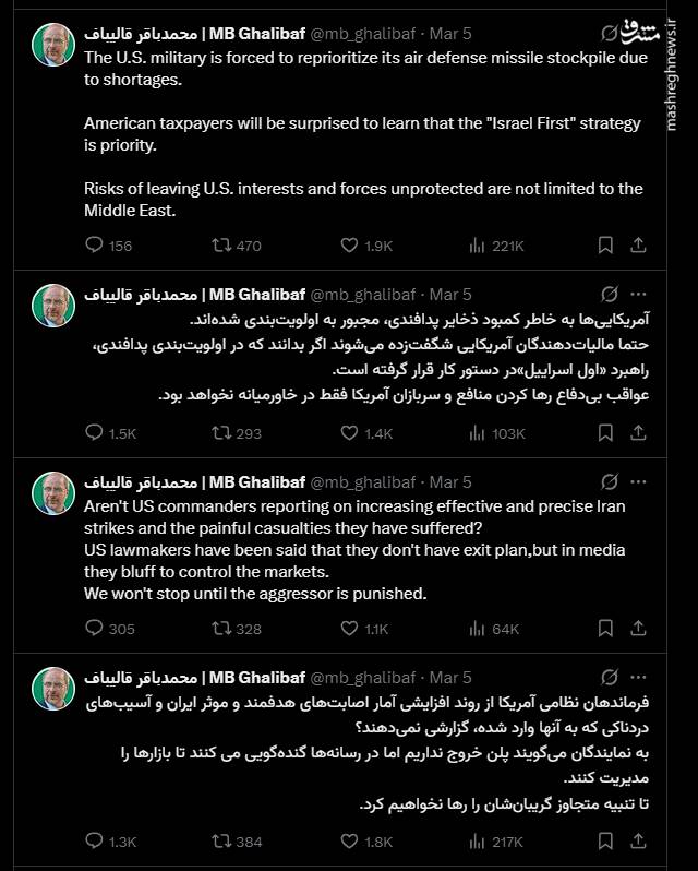 یک ماه جدال توئیتری قالیباف با ترامپ و دشمنان ایران/ عیارسنجی بازارهای مالی آمریکا با توئیتهای حاج باقر/ بالاخره دیوانگی ترامپ درمان شد!