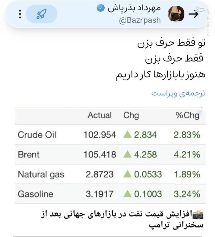 واکنش مهرداد بذرپاش به سخنرانی امشب ترامپ