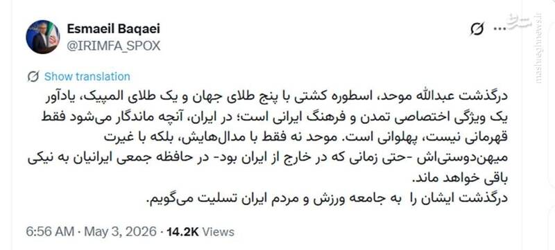 پیام سخنگوی وزارت خارجه برای اسطوره کشتی ایران