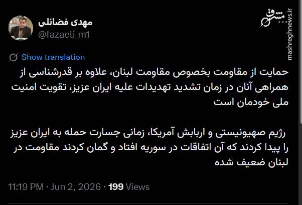 مهدی فضائلی: حمایت از مقاومت، تقویت امنیت ملی خودمان است