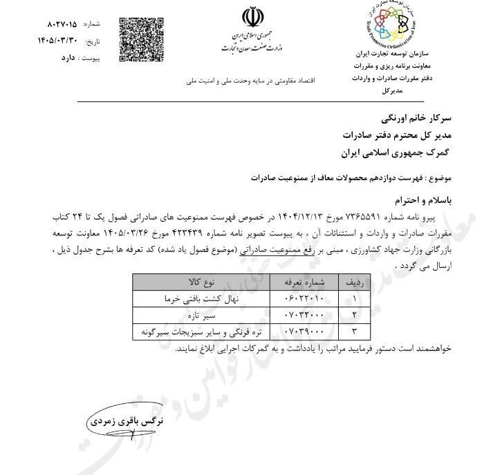 صادرات ۳ محصول کشاورزی آزاد شد