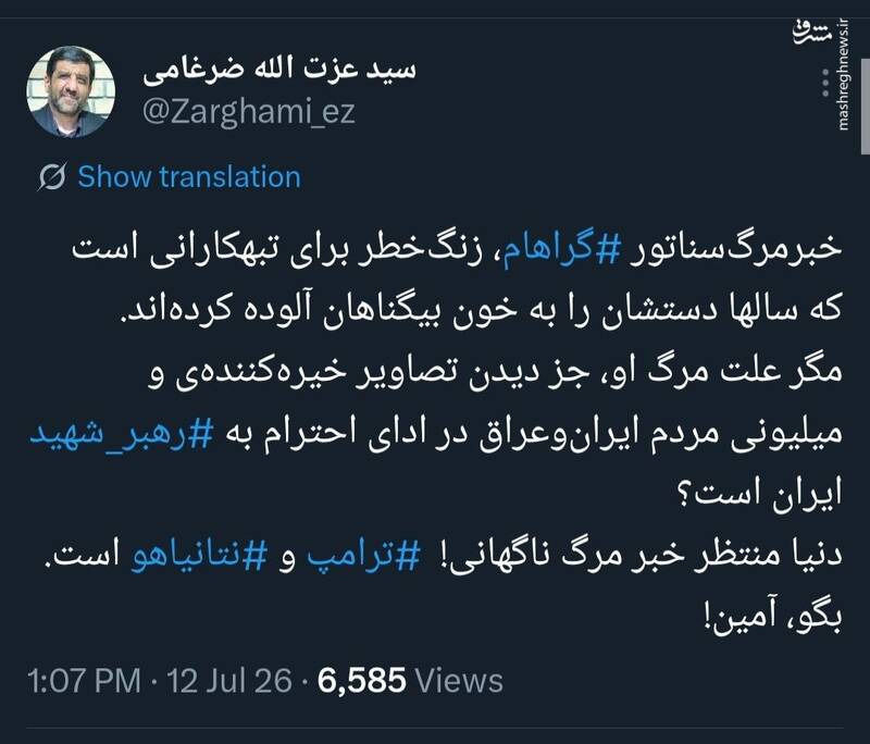 ضرغامی: علت مرگ لیندسی گراهام دیدن تصاویر مردم ایران‌ و عراق است