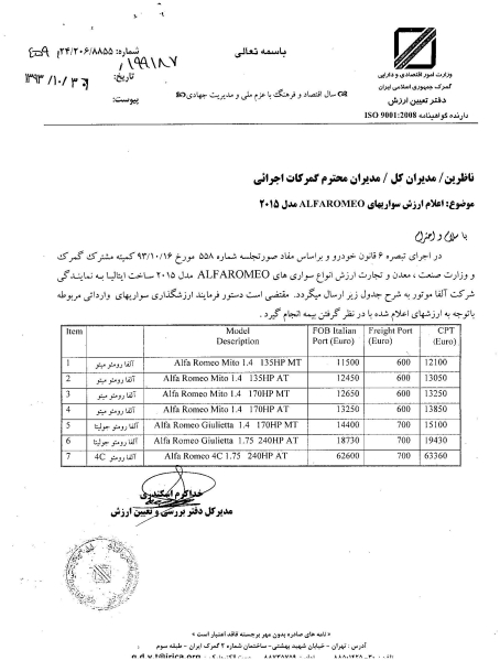 تعیین ارزش گمرکی آلفارومئو +سند