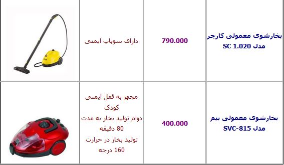 قیمت انواع بخارشوی +جدول