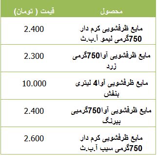 جدول/قیمت انواع مایع ظرفشویی در بازار