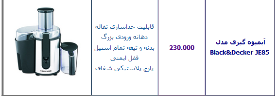 جدول/ قیمت انواع آبمیوه گیری