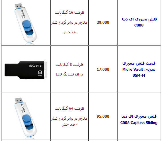 جدول/ آخرین قیمت انواع فلش مموری