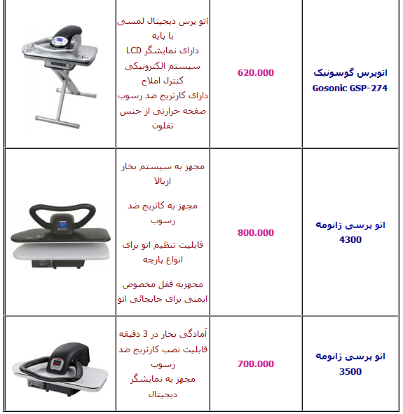 جدول/ آخرین قیمت انواع اتو پرسی