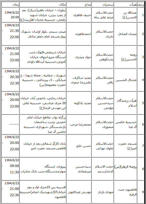 شهادت امام جواد(ع) هیأت کجا برویم+جدول