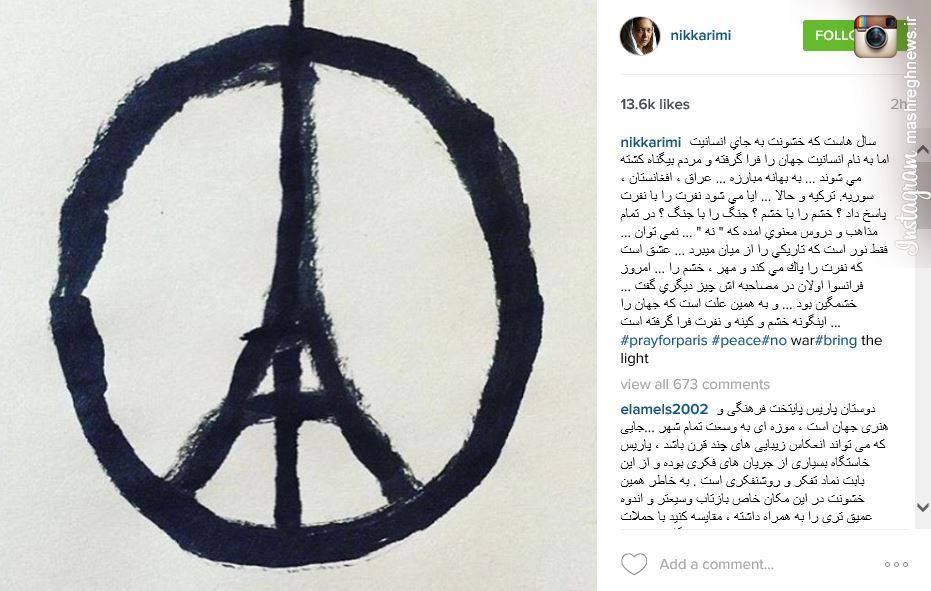 عکس/ واکنش «نيکي کريمي» به حادثه پاريس